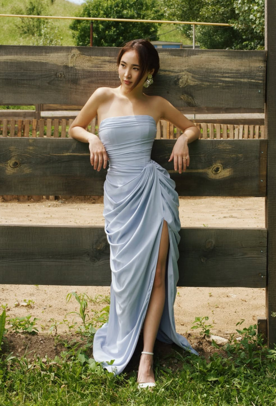 Cyra Light Blue Chiffon Corset Maxi Dress