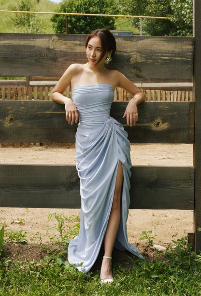 Cyra Light Blue Chiffon Corset Maxi Dress