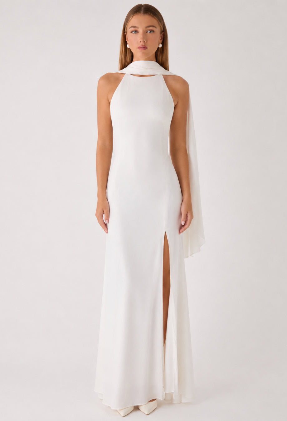 Dalia White Satin Maxi Dress with Scarf