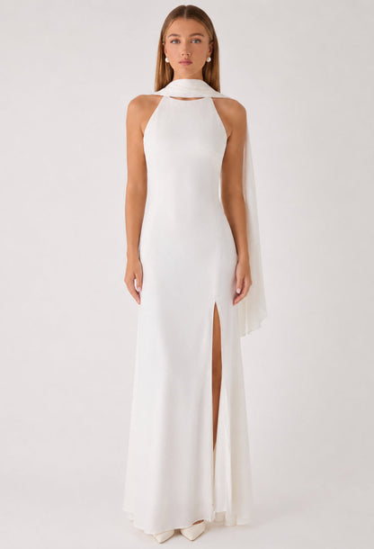 Dalia White Satin Maxi Dress with Scarf