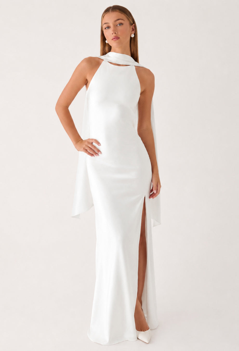 Dalia White Satin Maxi Dress with Scarf