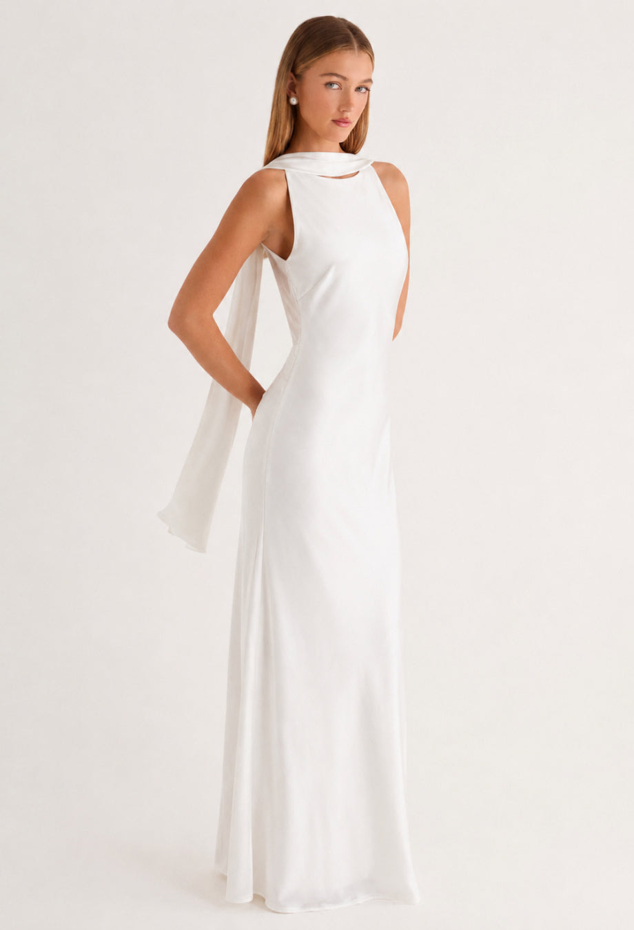 Dalia White Satin Maxi Dress with Scarf