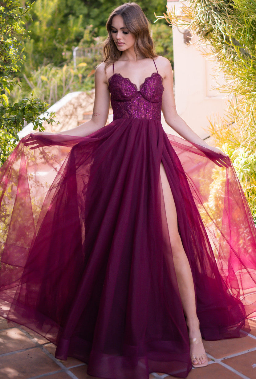 Dani Gown Mulberry Lace & Tulle A- Dress
