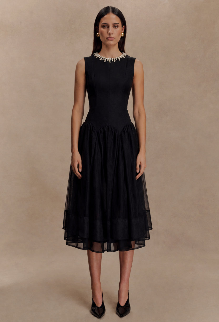 Darla Black Flowy Midi Dress for Wedding Guests & Formal Events