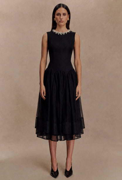 Darla Black Flowy Midi Dress for Wedding Guests & Formal Events