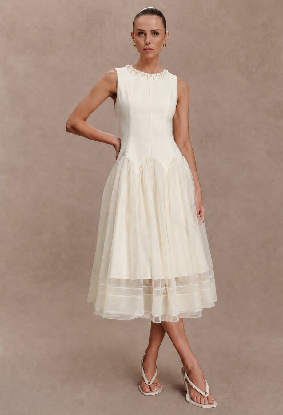 Darla Ivory Flowy Midi Dress for Brunch or Summer Parties
