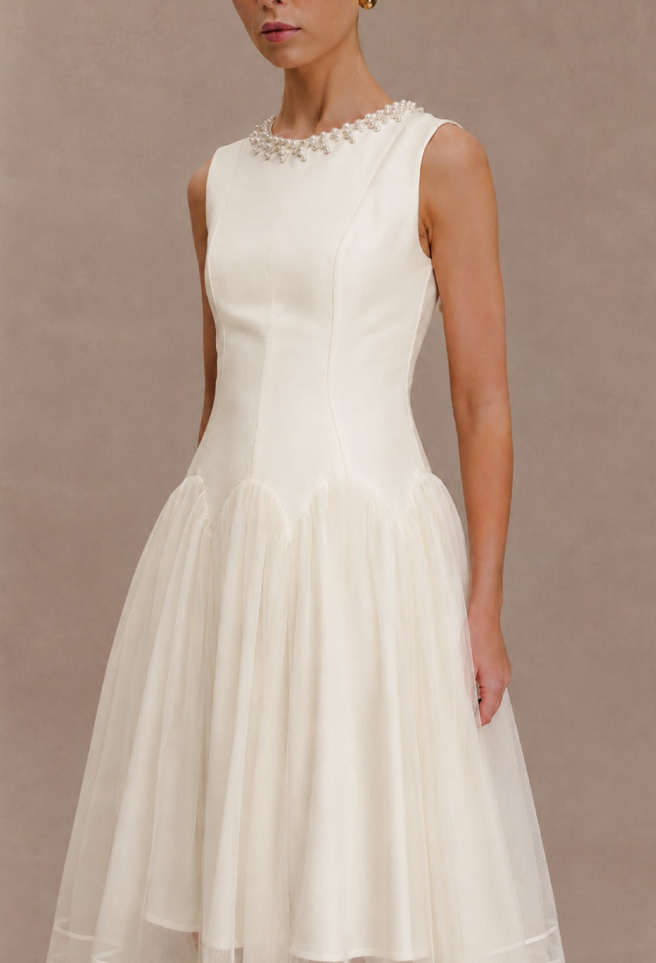 Darla Ivory Flowy Midi Dress for Brunch or Summer Parties