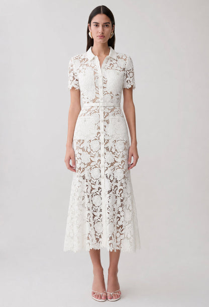 Deanna White Lace Collar Midi Dress with Short Sleeves