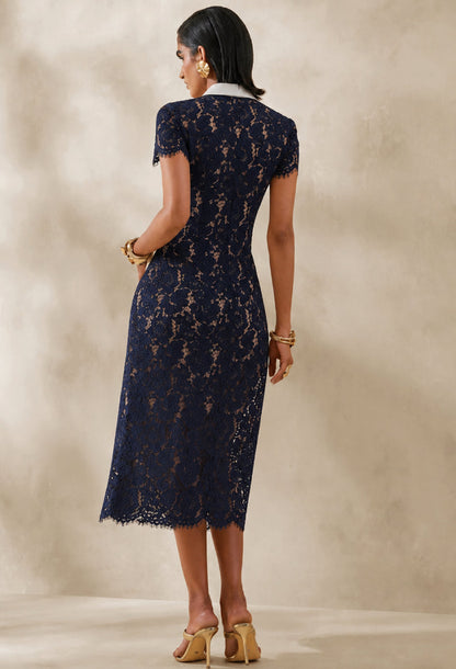 Deanna Navy Lace Contrast Collar Formal Midi Dress