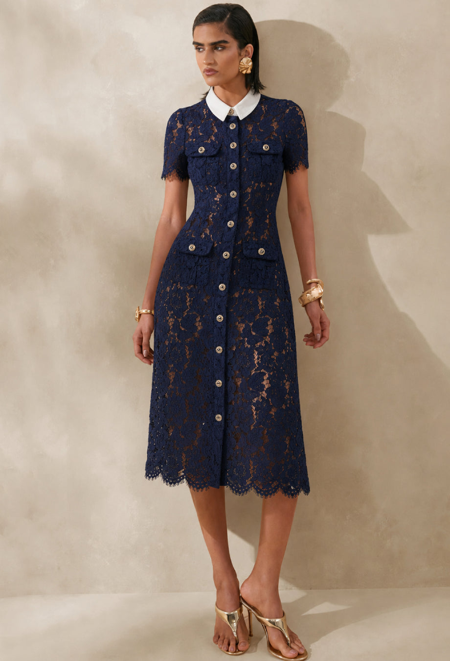 Deanna Navy Lace Contrast Collar Formal Midi Dress
