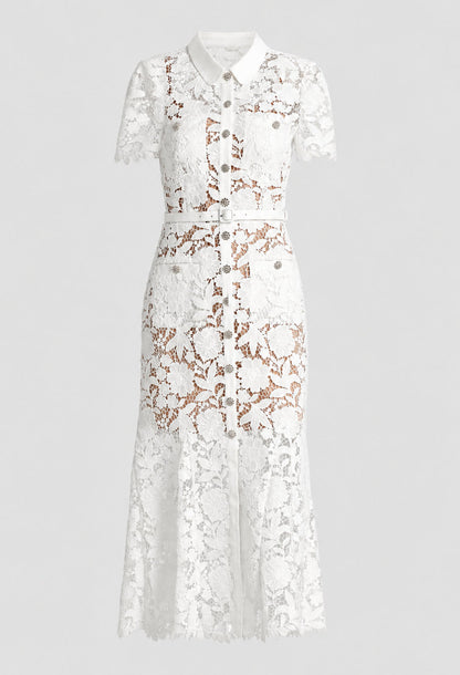 Deanna White Lace Collar Midi Dress with Short Sleeves