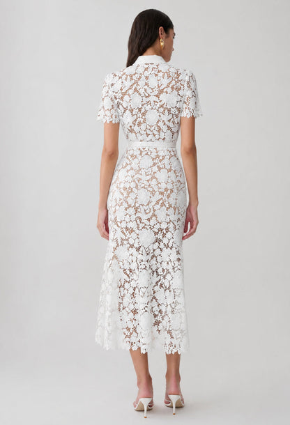 Deanna White Lace Collar Midi Dress with Short Sleeves