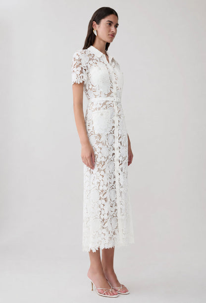 Deanna White Lace Collar Midi Dress with Short Sleeves