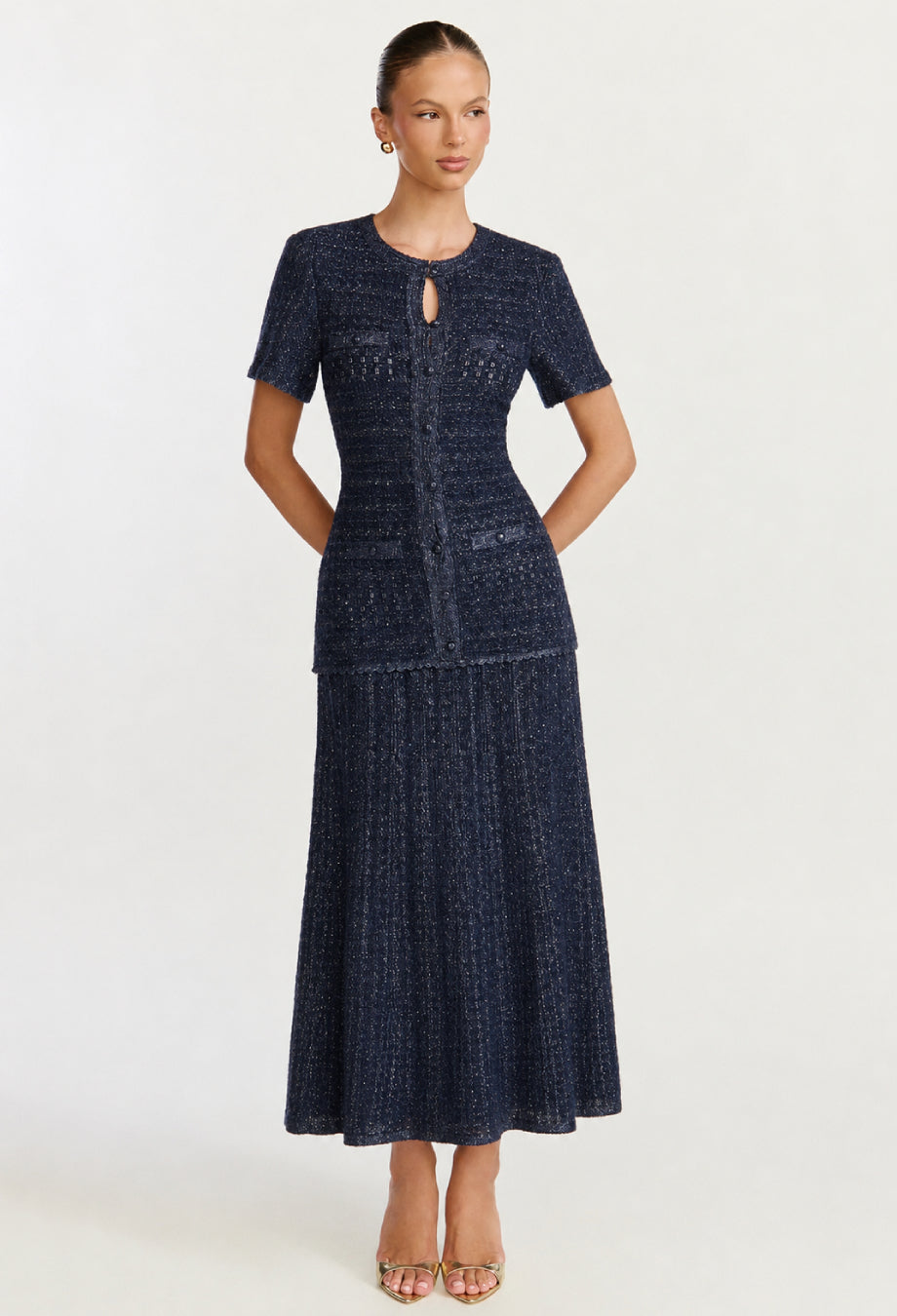 Elinor Navy Rhinestone Knit Midi Dress