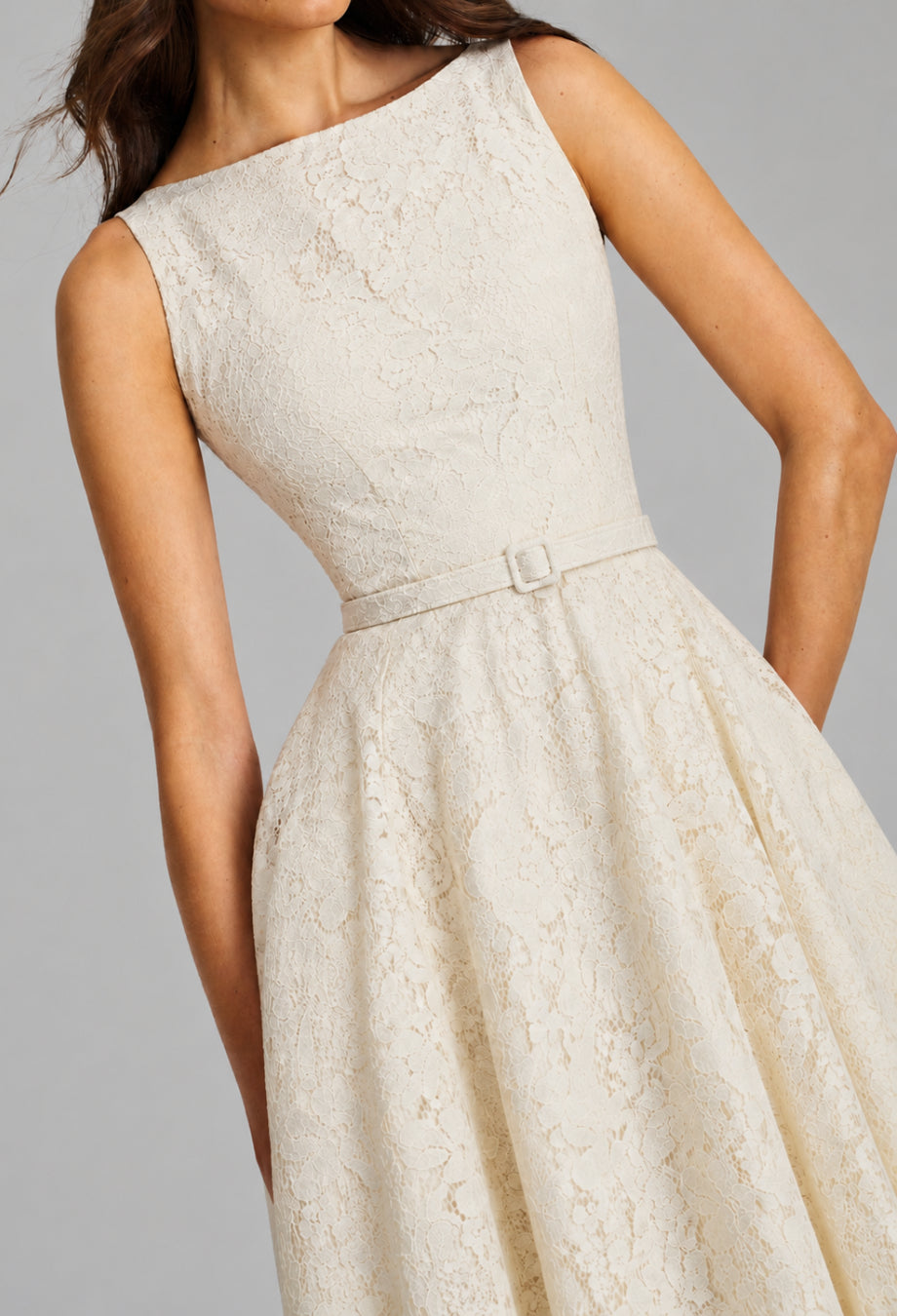 Ellis Cream Floral Lace Midi Dress for Formal Cocktail Parties