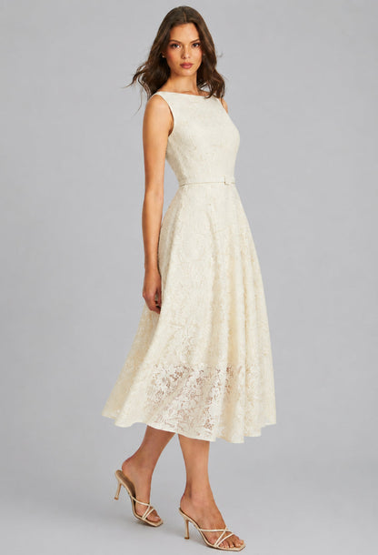 Ellis Cream Floral Lace Midi Dress for Formal Cocktail Parties