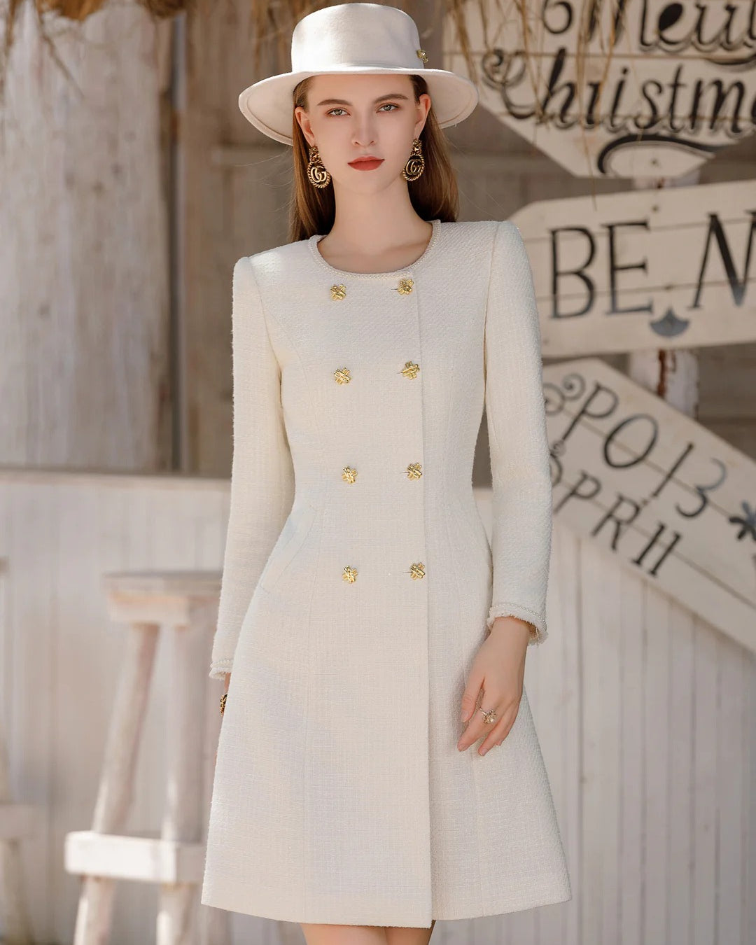 Elowen Long Sleeve Midi Dress Ivory
