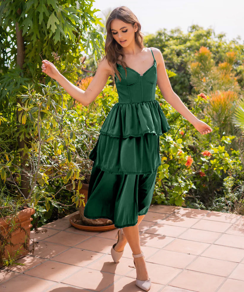 Maeve Corset Midi Dress Emerald Satin