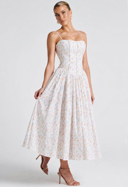 Evelyn Floral Print Midi Dress White