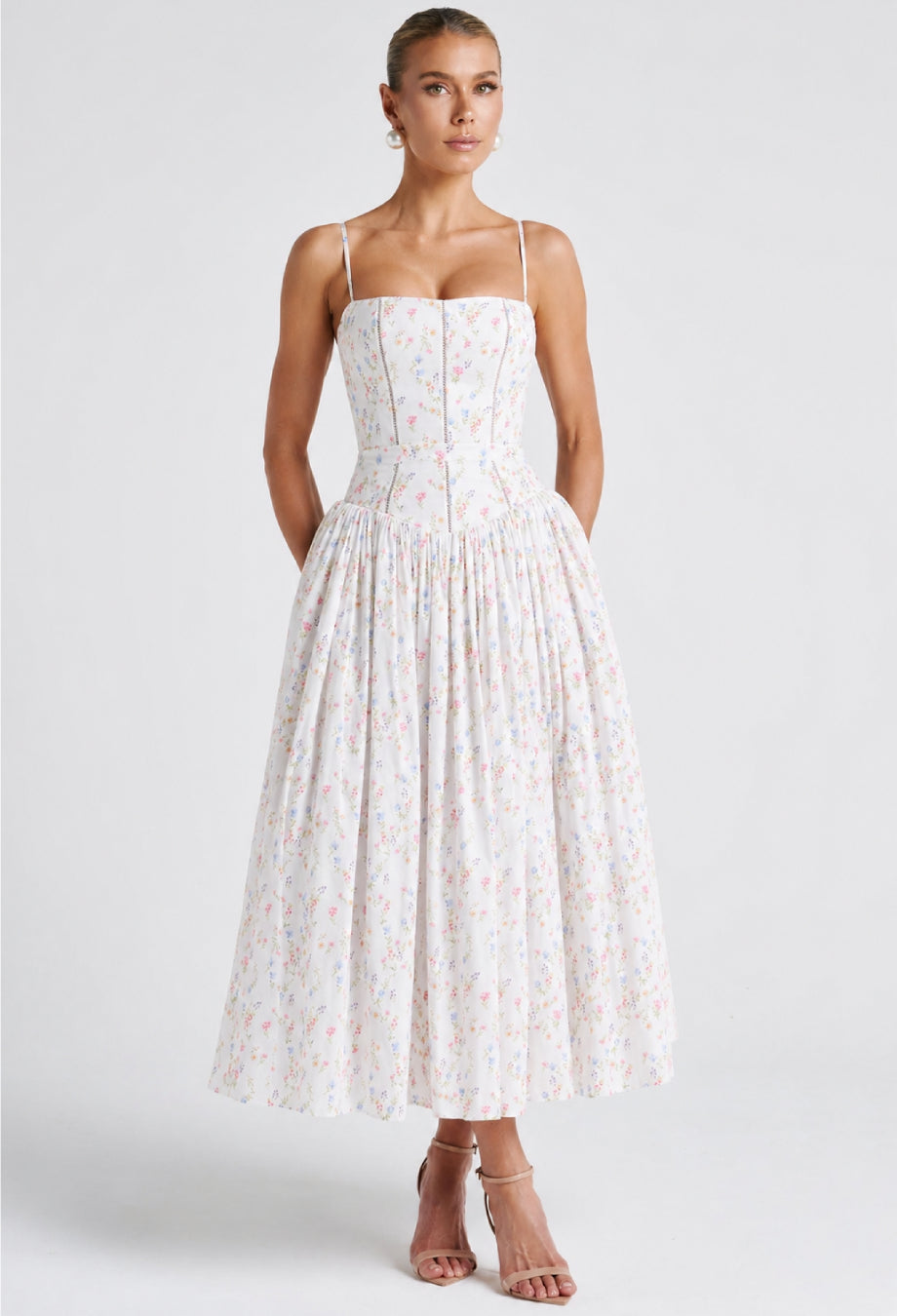 Evelyn Floral Print Midi Dress White