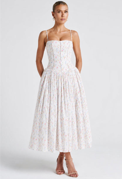 Evelyn Floral Print Midi Dress White