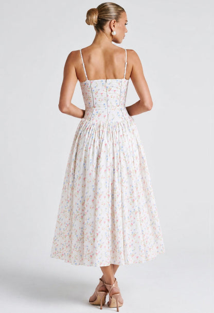 Evelyn Floral Print Midi Dress White