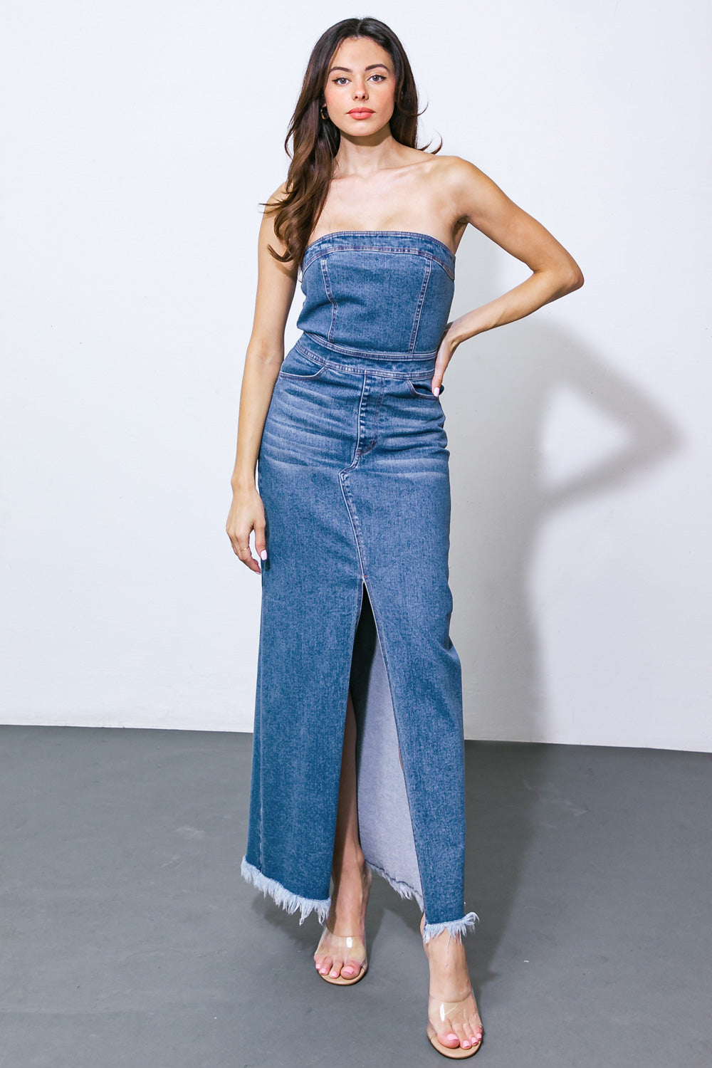 Music Festival Raw Hem Strapless Denim Dress