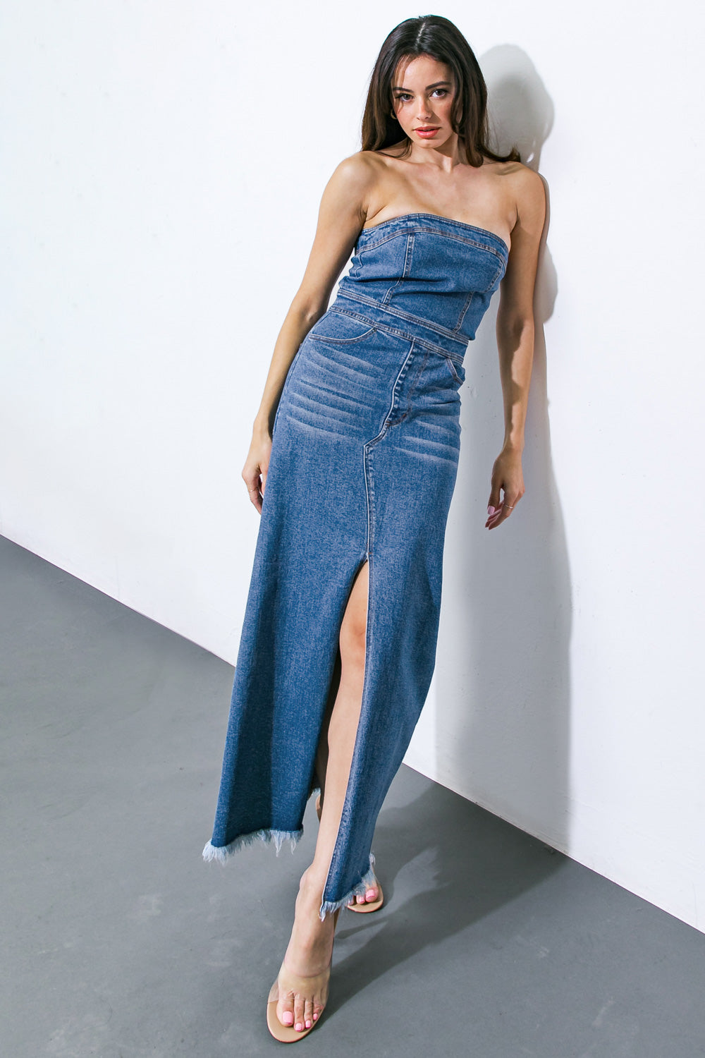 Music Festival Raw Hem Strapless Denim Dress