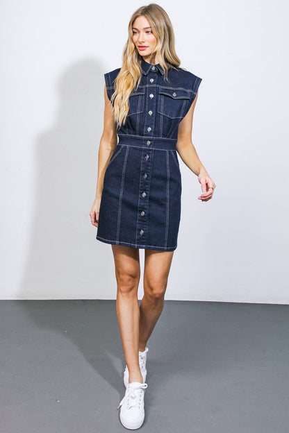 DALLAS GLAM BUTTON FRONT DARK DENIM MINI DRESS