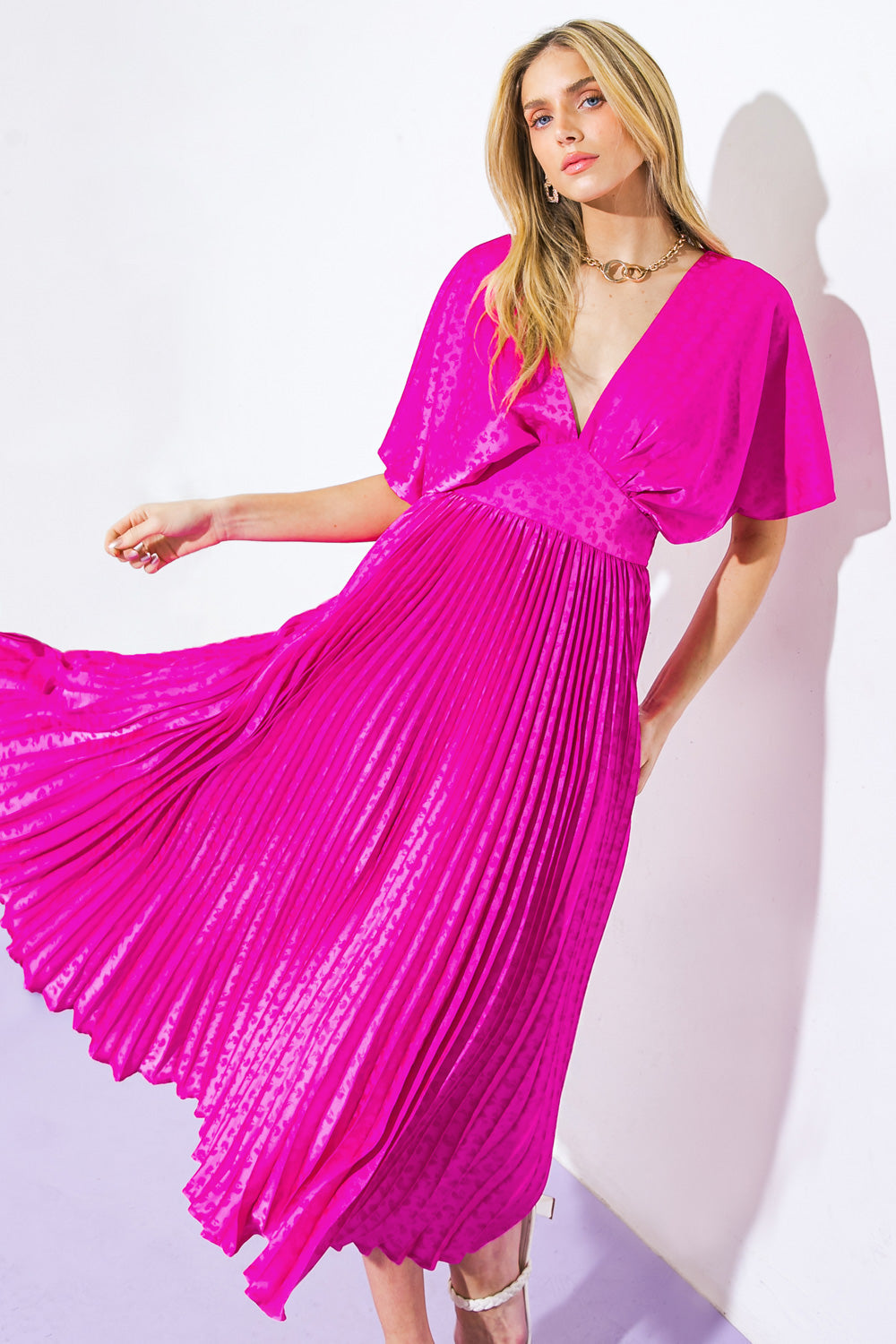 TIMELESS REPEAT PLEATED SATIN MIDI DRESS