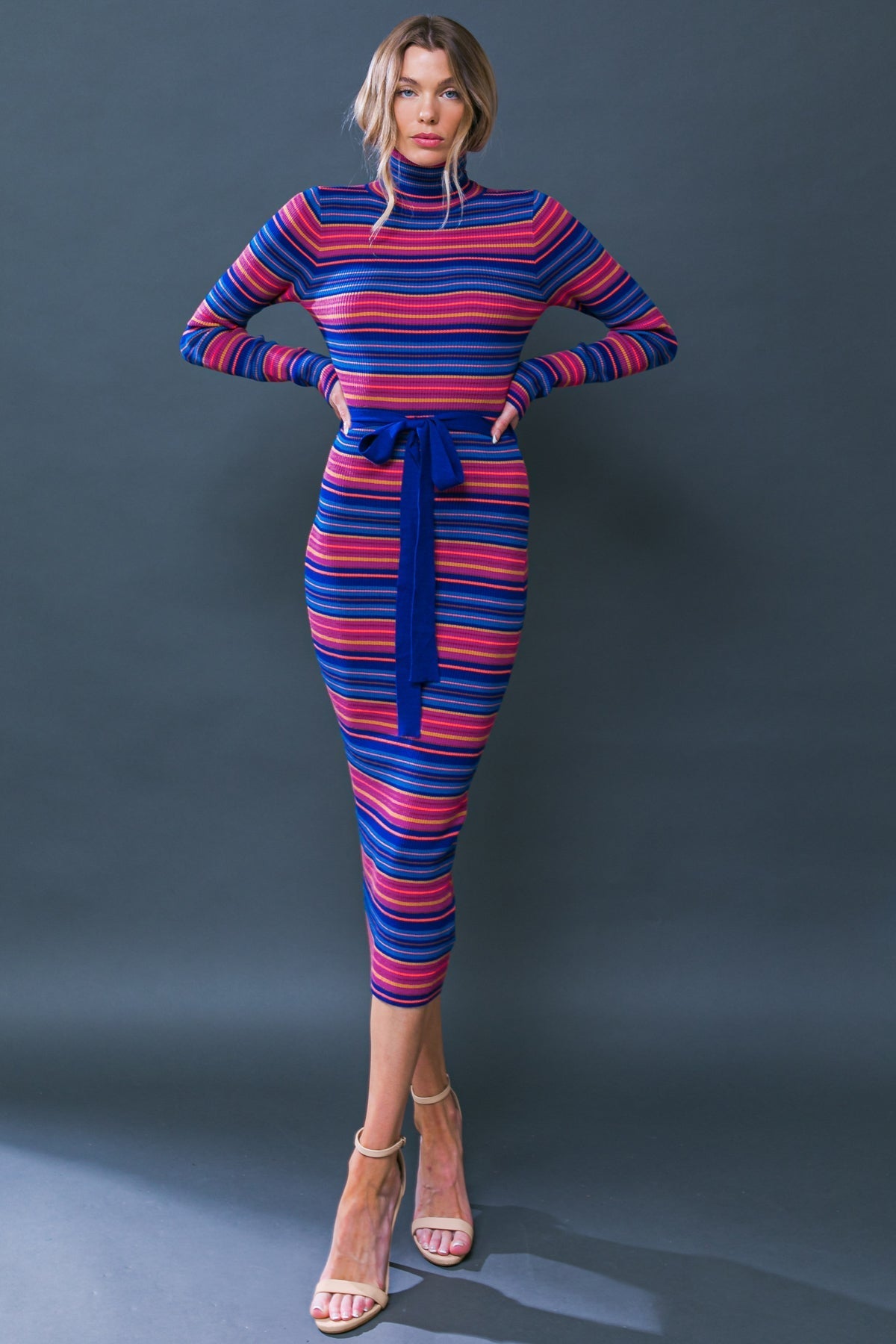 SWEATER WEATHER MIDI DRESS BLUE & FUCHSIA STRIPE