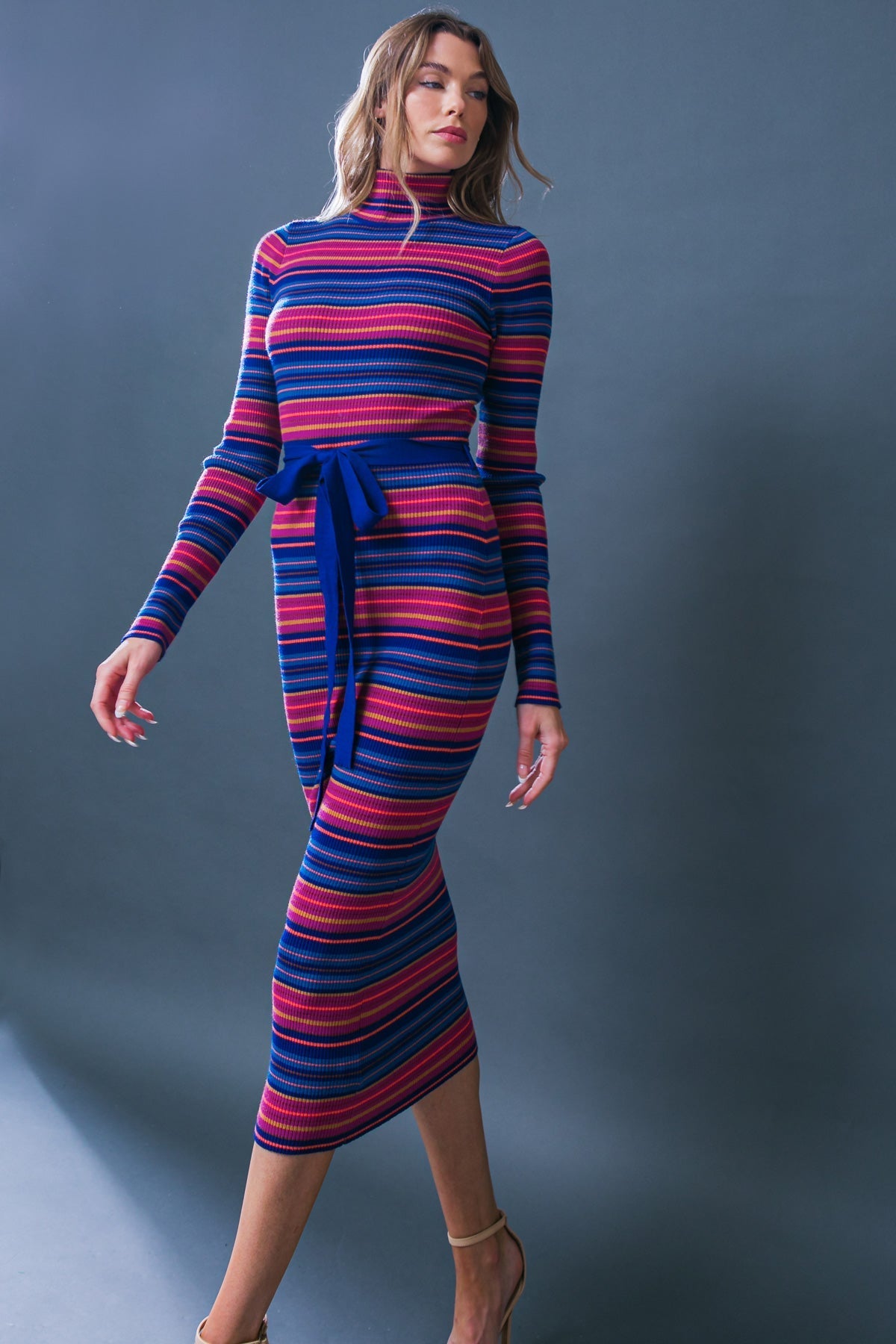 SWEATER WEATHER MIDI DRESS BLUE & FUCHSIA STRIPE
