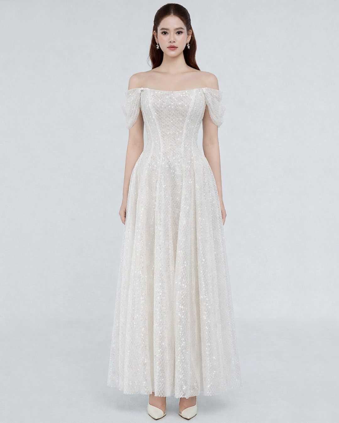 Felicity Off-the-Shoulder Sparkly Midi Dress White