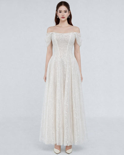 Felicity Off-the-Shoulder Sparkly Midi Dress White