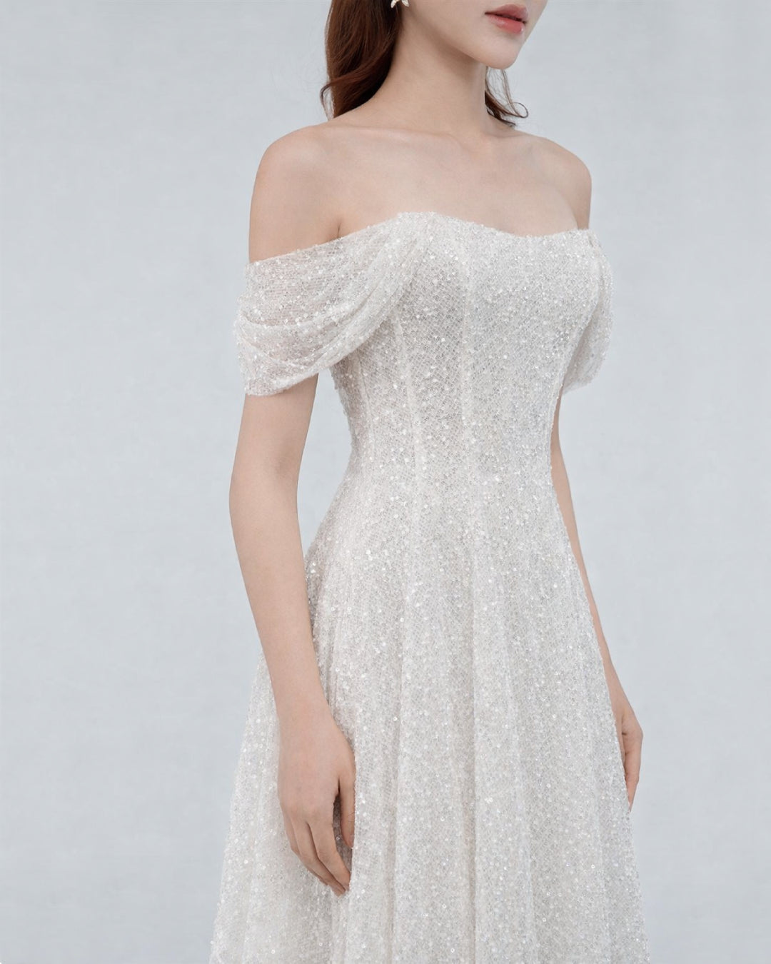 Felicity Off-the-Shoulder Sparkly Midi Dress White