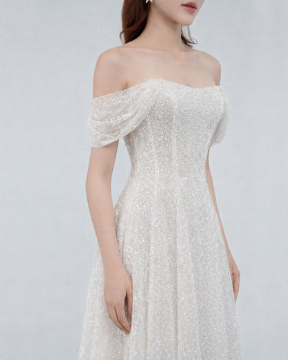 Felicity Off-the-Shoulder Sparkly Midi Dress White