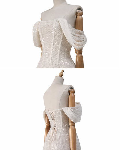 Felicity Off-the-Shoulder Sparkly Midi Dress White