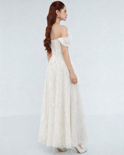 Felicity Off-the-Shoulder Sparkly Midi Dress White