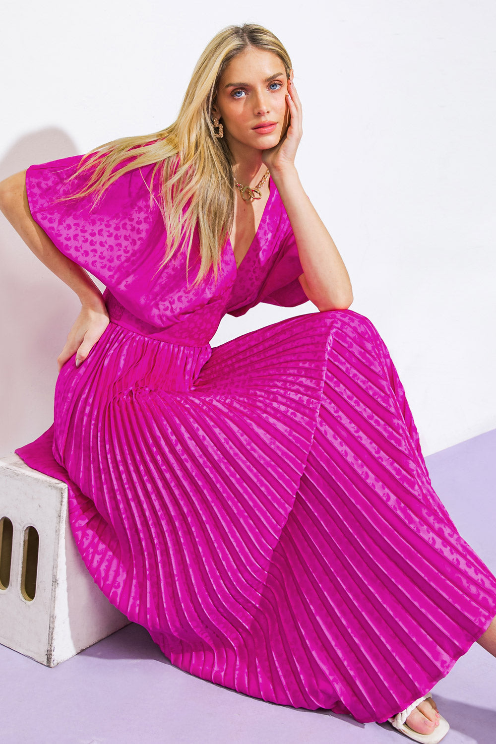 TIMELESS REPEAT PLEATED SATIN MIDI DRESS