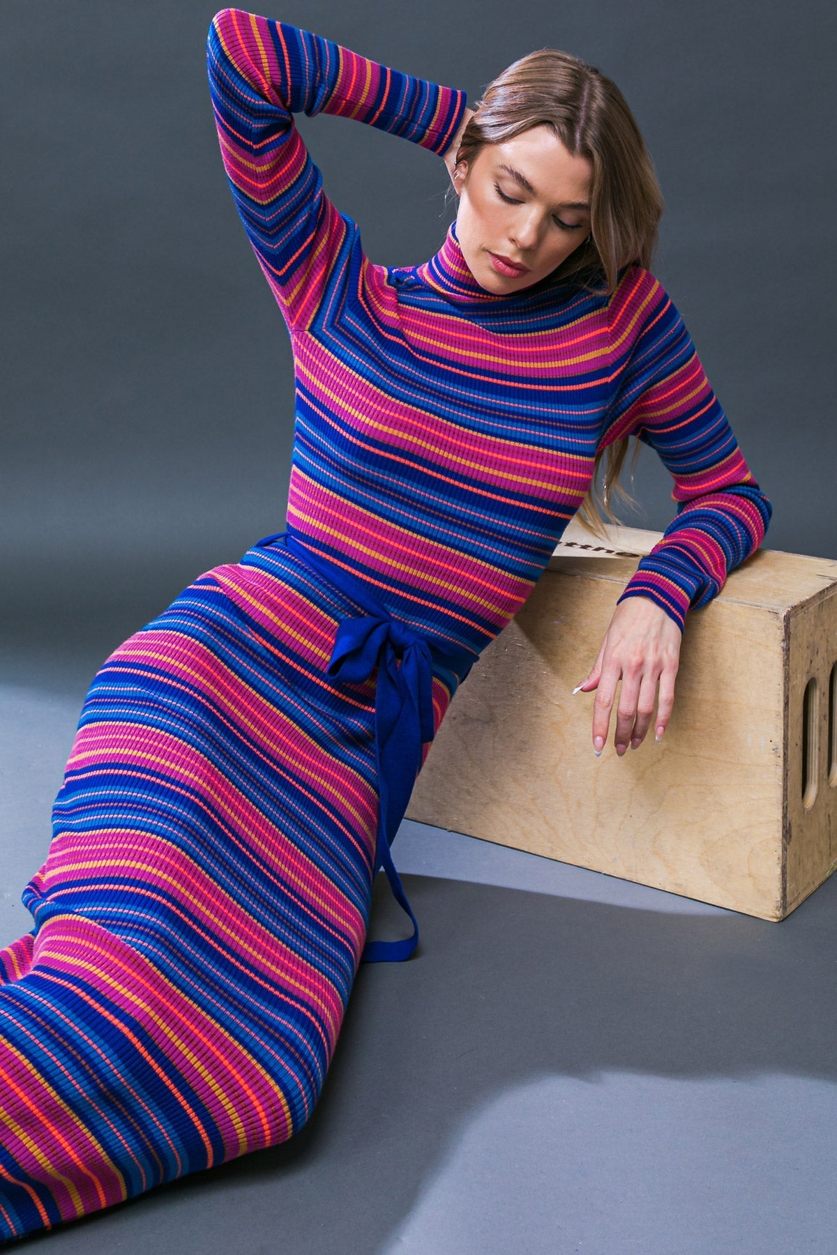 SWEATER WEATHER MIDI DRESS BLUE & FUCHSIA STRIPE