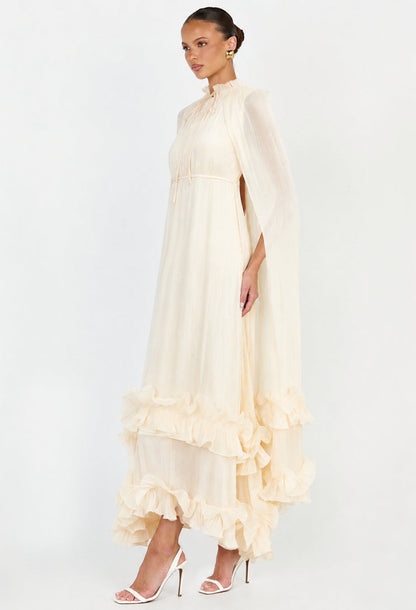 Gabrielle White Ruffle Maxi Dress with Pleated Cape Shawl