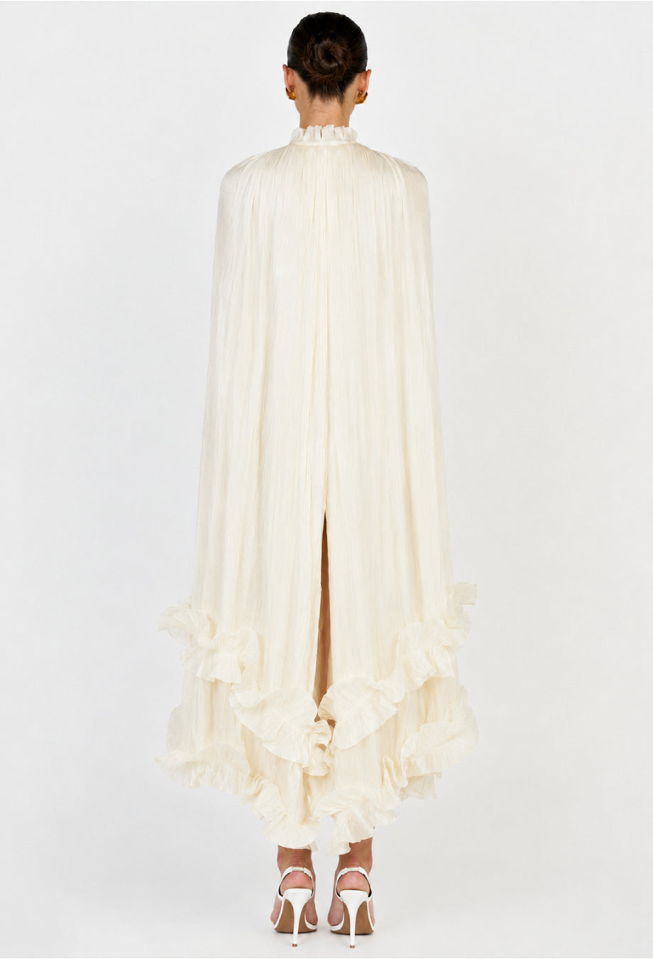 Gabrielle White Ruffle Maxi Dress with Pleated Cape Shawl