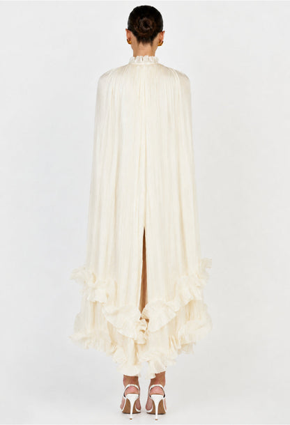 Gabrielle White Ruffle Maxi Dress with Pleated Cape Shawl