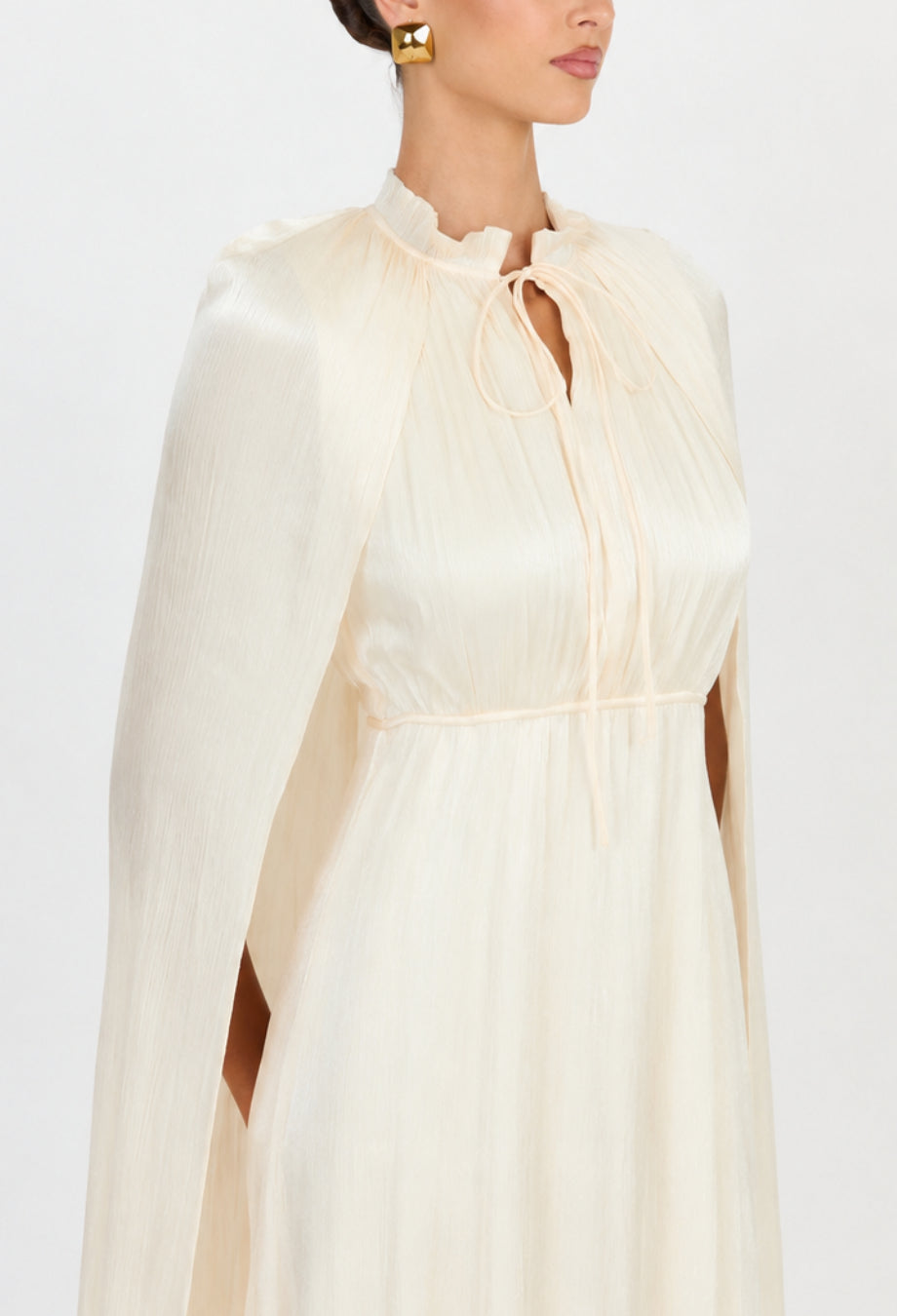 Gabrielle White Ruffle Maxi Dress with Pleated Cape Shawl