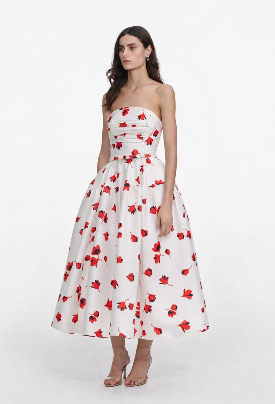 Gina Floral Print Strapless Midi Dress White