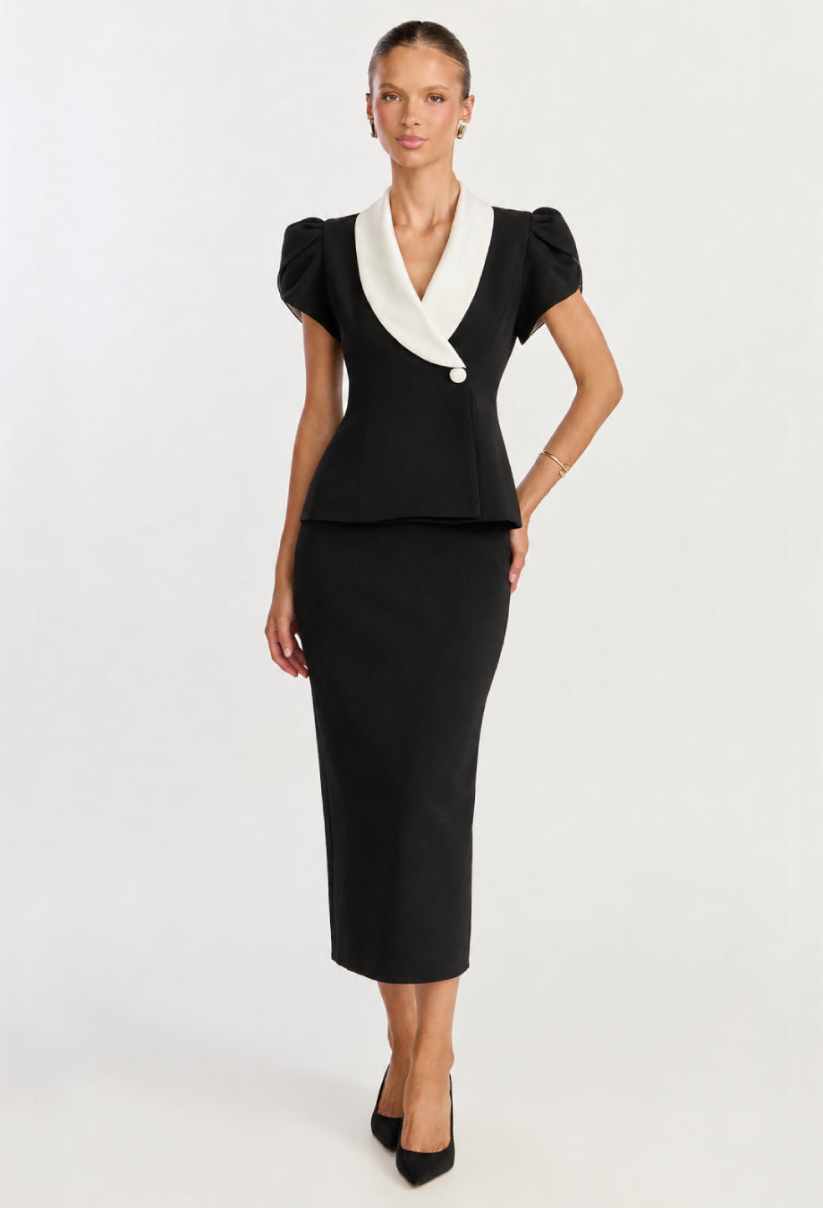 Gloria Fitted Blouse & Pencil Skirt Two-Piece Set Black and White