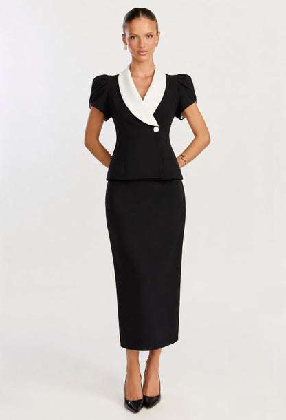 Gloria Fitted Blouse & Pencil Skirt Two-Piece Set Black and White