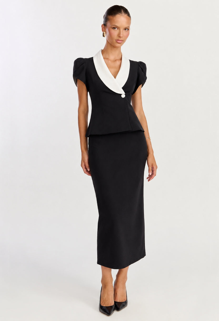 Gloria Fitted Blouse & Pencil Skirt Two-Piece Set Black and White