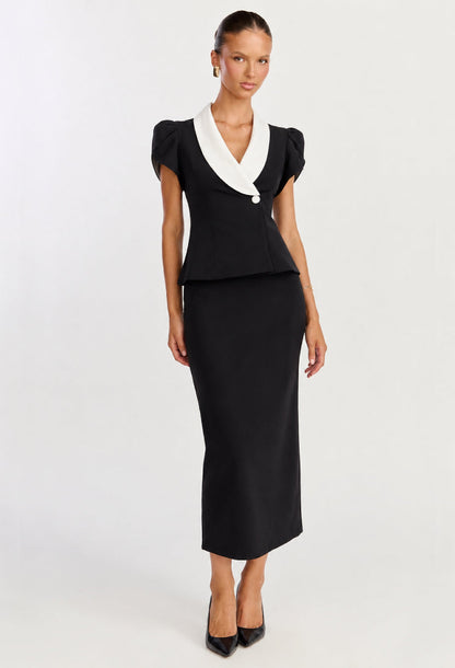Gloria Fitted Blouse & Pencil Skirt Two-Piece Set Black and White