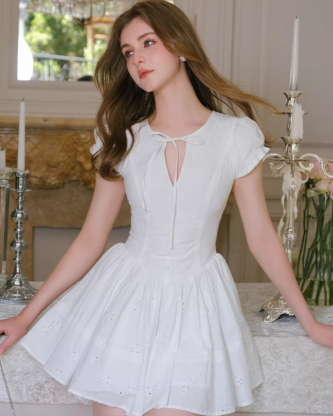 Imani Pleated Broderie Anglais Mini Dress White
